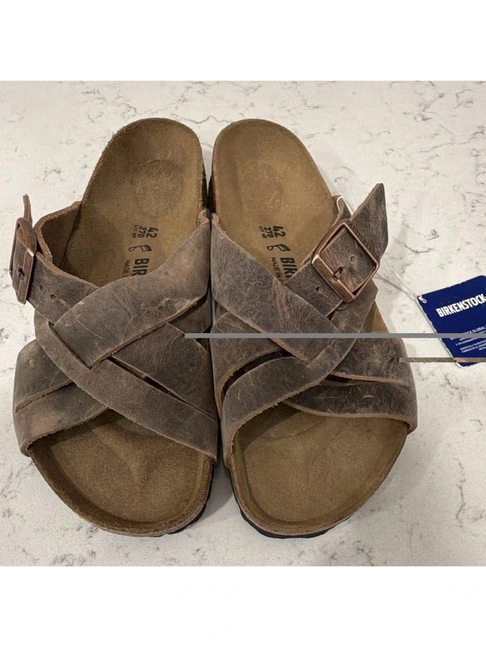 Birkenstock Lugano Unisex Brown Leather Slide Sandals Buckle M9/W11 EU42